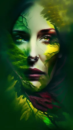 planet as beautiful woman, front facing , roots texture on face, very smooth colors, high contrast, Bordeaux and forest green and yellow, fog