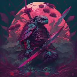 katana, turtle samurai, iridescent, blood, futuristic, guts, wildflower, cosmic, intricate, darkred tones,sidhe, ominous, nature, plants, spce,