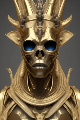 shiny black male African Egyptian alien, cracks in the voodoo head, wicked, eyes, crown, Elephant, 8k, finely detailed, photo realistic, tiger turquoise skull head gold dragon space alien snow skeleton gold horny toad silver crown silver eyes