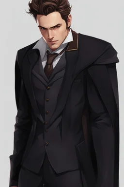 A white male, pointy ears, warlock in a suit, brown hair and brown eyes, fit and handsome. Realistic