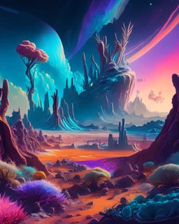 A breathtaking panorama of an alien landscape, with towering crystalline formations, glowing flora, and a vast, multicolored sky filled with celestial wonders. The scene is filled with a sense of awe and mystery, inviting the viewer to explore the uncharted terrain and ponder the unknown. 16K resolution, vivid colors, and imaginative details make this image a feast for the eyes.