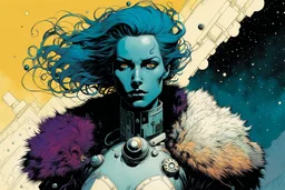 create an ethereal, otherworldly robotic female time traveler , in the comic book art style of Mike Mignola, Bill Sienkiewicz, and Jean Giraud Moebius, with highly detailed fur and feminine facial features , finely inked , dramatic natural lighting