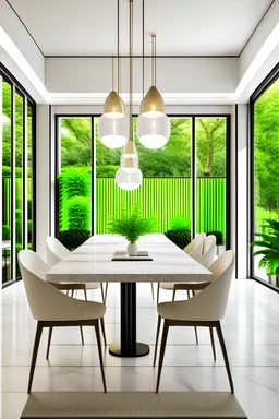 modern dining room, with large window, garden in the background with plants, l modern chairs and marble table with modern rectangular lamp