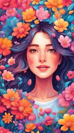 Please create an illustration of a pretty girl surrounded by vibrant flowers using vibrant colors. The artwork should showcase the beauty of nature and convey a sense of joy and positivity. The illustration style should be vibrant and lively, capturing the essence of illustration art.