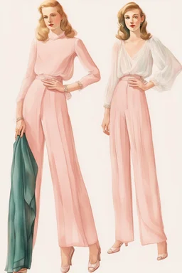 A pair of wide-legged pants in a soft pink chiffon. The pants would have a high-waisted silhouette and flowing drape. The waistband would be embellished with delicate beading and sequins. The pants could be paired with a variety of tops, such as a simple white camisole or a more embellished blouse.