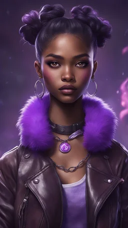 arcane tv show style, league of legends, solo, 1girl, attractive teenager, african, dark skin, dark-brown eyes, black hair, pair buns, (violet strand in forehead bang), necklace, earrings, modern makeup, (detailed skin texture), old leather jacket with violet fur collar, oversized torn t-shirt with half-erased unknown music group logo, You can see through the holes in the t-shirt her acid-green top, dark background, bokeh, cinematic atmosphere