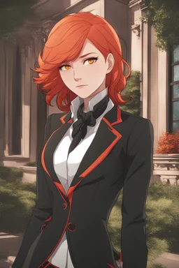 Woman with red-orange hair, vivid orange eyes, wearing a black and red fancy suit, mansion background, RWBY animation style