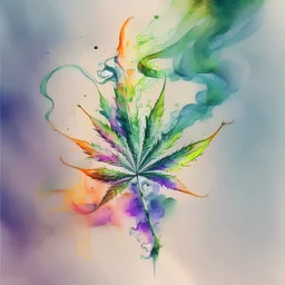 Create a surreal artwork sketch depicting a vibrant cannabis plant emerging from a cigarette, with smoke tendrils intertwining around it. watercolour sketch