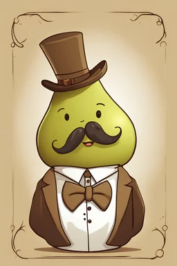 cute character in form of a pear, khaki color skin, mustache, top hat