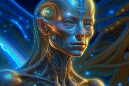 gorgeous female humanoid alien, slender muscular warrior, looking over shoulder at the sky, tentacles, coper zinc orichalcum jewelry and piercings, beautiful face, mesmerizing starry eyes, smooth translucent skin, hourglass, size DD. , DeepDream-generated image depicting …