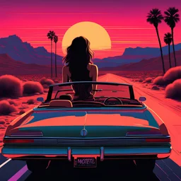 Last Drive: rear 3/4 view, ((a man (with long hair and sunglasses) in a cabriolet car by night in the desert, aside a beautiful girl driving)). Neon speed lines and a motel in background. grainy photo realistic, 80's horror poster, Frazetta, synthwave, dark and moody ambience