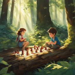 Adam, filled with childlike wonder, gazes at the towering trees and the sunlight filtering through the foliage. Eve, with her playful grin and curious eyes, suggests a game to pass the time. They settle on a fallen log, transforming it into their makeshift chessboard. The pieces, carefully crafted from twigs and leaves, come to life as they engage in a strategic dance.The forest becomes their enchanted playground, where they explore the intricacies of love, knowledge, and the mysteries of their