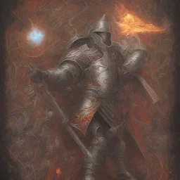 Knight guard far away. Shiny Magic scroll. Weapon. Sharp. Damascus steel. Technical details. Red. Doom dark. Meteorite. Fire.