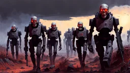 {{{Bio-engineered undead cyborg army marching}}} machine soldiers, hazmats, tactical wear, gas creepy landscape, techno gothic visual composition, science fiction painting, Denis Sarazhin, Alex Colville, Simon Stålenhag, Neil Blomkamp, Frank bowling, Christopher Shy, Alejandro Burdisio, RAW, gritty, high contrast, atmospheric horror art, gripping and suspenseful, vivid, neon overlay, narrative art, textured, dramatic, surreal horror, gestural, retro futuristic nightmarish art, apocalyptic art