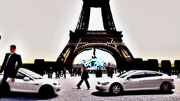 A Tesla's 'Model S Plaid' is parked, at the Eiffel Tower, in Paris. CINEMATIC. WIDE ANGLE LENS.