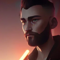 Short Beard Dj Headphones Christian Boshell cinematic photorealistic futuristic Star Wars style, hints of michelangelo, beautiful robot, post-apocalyptic in a cyberpunk city, realistic, intricate detail, sci-fi, volumetric lighting, particles,highly detailed