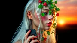 smartphone, smartphone, waterfall hair, Abstract art, smartphone, collage, Thomas Ligotti, double exposure, sunset, woman, long white hair, Made of shiny texture, blush, Vine design, raspberry, smartphone, Surreal, Futuristic, Black open background, Peach skin, Leafy textures, Shiny plastic, Organic aesthetics, Pink red hue, Green leaves, Alien design, Mutant structure, Red mouth, Whimsical aesthetics, Hyperrealistic, intricately detailed image of a woman showing a double exposure effect, where