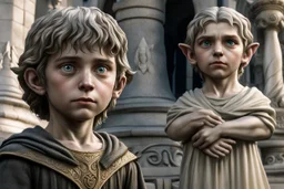 Grima from LOTR as a child with semi transparent hypnotic kind eyes in front of statue of himself
