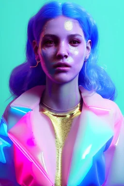 Ultra Realistic image, Rosalía artist, portrait, normal complexion, waist up portrait, black eye long line, sweet face, t-shirt with holes, inflatable open coat, gold pink and blue style, spray glow make up, geometric led jewelry, fog, hot, inflatable style latex coat, vibrant color, highly detailed, art stations, concept art, smooth, unreal engine 5, god rays, ray tracing, RTX, lumen lighting, ultra detail, volumetric lighting, 3d, finely drawn, high definition, high resolution.