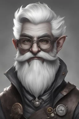 Generate a dungeons and dragons character portrait of the face of a male artificer handsome deep gnome with white eyebrows like snow. He has really dark gray skin like a drow. He has white hair, eyebrows and moustache. He has steampunk style welding dark glasses. He's 19 years old. His skin is graphite color.
