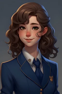 Lila is a young woman with a slender frame and an aura of quiet confidence that radiates from her every step. Her chestnut curls cascade down her back in gentle waves, framing a heart-shaped face adorned with warm, hazel eyes that sparkle with curiosity and determination. She is dressed in a neatly tailored, navy-blue apprentice's uniform, complete with a crisp white blouse and a vest adorned with intricate golden embroidery