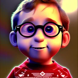 pixar style rendering , peter billingsley is a chubby kid with glasses, gripping a single Dark red soap bar, ((brown))argyle sweater,