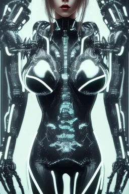 cyberpunk, black latex body, women, body portrai, big boobs, highlight eyes perfect, skin, tron, cyborg, perfekt sexy, real, dream, hr giger