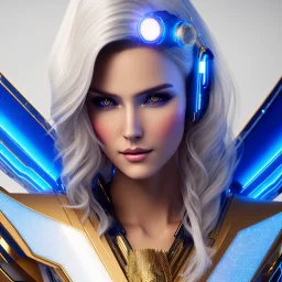 A beautiful portrait of a cute smiling cyberpunk woman with wings, long blond haire, high key lighting, volumetric light high details with white stripes and feathers and blue celtic paterns and luminous glasses in a starry background