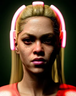 portrait, Shakira, blonde artist, angry, Realistic image, boxing robe, hoodie, mouthguard, face band aid, loose long hair, eyes make up, perfect, glow, circle iris. Rain, fog, Neon colors, leds, geometric shapes. Dark background, photo studio, neon lights. concept art, smooth, unreal engine 5, god lights, ray tracing, RTX, lumen lighting, ultra detail, volumetric lighting, 3d, finely drawn, high definition, 4k.