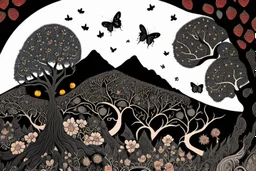 graphic drawing summer fantastical landscape, moon, round tree crowns, stylized butterflies, pomegranate flowers and fruit, a flat image with careful drawing and tracing of every detail, black background, cosmic bright color, folk art, Epic cinematic brilliant stunning intricate meticulously detailed dramatic atmospheric maximalist digital matte painting, perfect composition, masterpiece