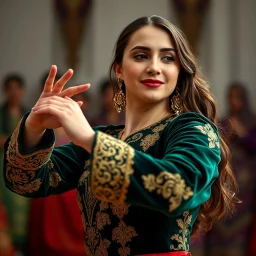 Medium close-up shot of the Azerbaijani dancer performing Bükmə and Sındırma. She rotates her wrists in delicate circular motions, opening her fingers one by one like a blooming lotus petal. She then rhythmically dips her right shoulder while gently tilting her head to the left with a subtle, coy smile. Emerald velvet jacket with gold embroidery, crisp focus on intricate hand gestures, elegant slow motion, 8k resolution.