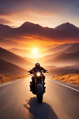 one motorbike rider ,cruising down an open road, adverture motorbike, vibrant a sunset casting a stunning backdrop, with elements of speed , adventure , distant mountains