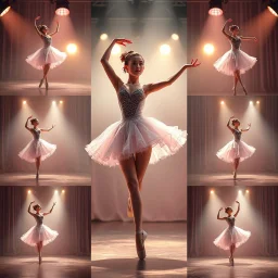 create storyboard of 9 images of dance of a beautiful balerina in pretty clothing in a modern cifi stage in her performance cinamatic lights .