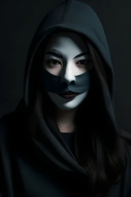 woman with a anoynmous mask on her face, mask is covering the whole face, woman is dressed like anonymous