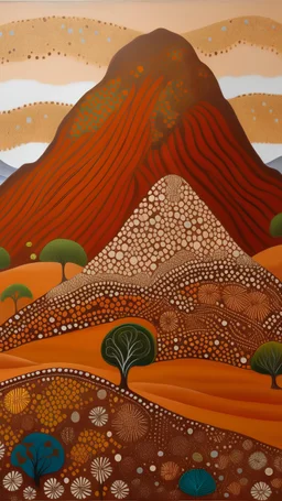 A brown mountain near canyons designed in Australian aboriginal art