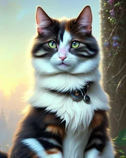 A cute a patchy cartoon Cat sitting down, full-scale head and shoulders portrait, 8k resolution concept art portrait by Greg Rutkowski, Artgerm, WLOP, Alphonse Mucha dynamic lighting hyperdetailed intricately detailed Splash art trending on Artstation triadic colors Unreal Engine 5 volumetric lighting Splash art fantasy"