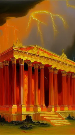 An orange colored Greek lightning temple painted by Claude Monet
