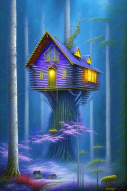 sharp focus, acrylic paint, mystical forest, wooden cabin, Neo-Impressionism, mystical, purple blue yellow silver teal black olive azure, red, pink, brown,