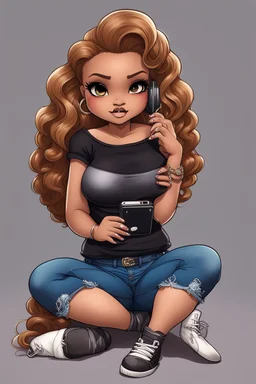 Create a pop punk image of a black chibi curvy female sitting on the floor looking at her cell phone. She is wearing tight blue jeans and a black off the shoulder blouse. Prominent make up with lush lashes. Highly detailed wavy ombre blonde and brown long hair. She is also wearing silver large hoop earrings