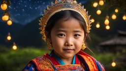 little very young Bhutan girl, beautiful, peaceful, gentle, confident, calm, wise, happy, facing camera, head and shoulders, traditional Bhutan costume, perfect eyes, exquisite composition, night scene, fireflies, stars, Himalayan view, beautiful intricate insanely detailed octane render, 8k artistic photography, photorealistic concept art, soft natural volumetric cinematic perfect light, chiaroscuro, award-winning photograph, masterpiece, Raphael, Caravaggio, Bouguereau, Alma-Tadema