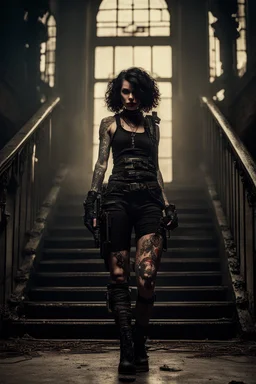 scarred cyberpunk vampire girl with tribal tattoos short curly dark cyberpunk hair descending the staircase in decaying gothic mansion with machine gun in hand at dawn