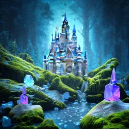 cristal angelic castle crystalline, beau , cosmic, opalescent, opalescent, gemstones, crystals, object, other worldly,water, rock, moss,bright, ice background, neige etang bleu