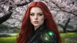 8k beautiful 1girl with long red long hair, H. R. Giger style, intricate, elegant, highly detailed, green eyes, majestic, digital photography, (masterpiece, sidelighting, finely detailed beautiful green eyes: 1.0), hdr, blurry, blurry_background, blurry_foreground, branch, cherry_blossoms, depth_of_field, looking_at_viewer, motion_blur, photo_\(medium\), photo_background, solo, tree, vibrant details, luxurious, absurdres, incredibly absurdres, white stocking, (realistic, photo-realistic:1),