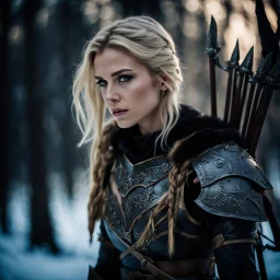 portrait of a 20 year old blonde female warrior wearing leather half armour and carrying a bow, dark fantasy, snowy landscape