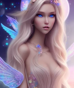  beautiful, soft, smiling, long and straight blonde hair, bluish background, fairy wings on the back