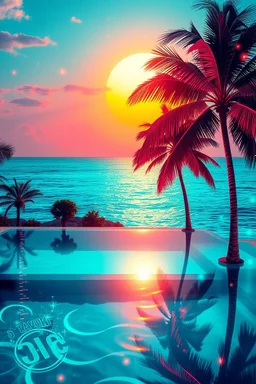 Luxury Tropical House album cover, award-winning music artwork, crystal-clear turquoise ocean merging into an endless horizon beneath a radiant golden sunset. Exotic palm trees illuminated by soft neon cyan and coral lights sway in the warm breeze. Glowing particles drift through the air like fragments of melody, creating a magical atmosphere. Elegant reflections dance across the water surface, while subtle geometric patterns inspired by electronic music production are integrated into the enviro