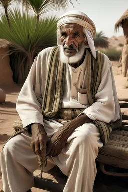 Old man, Arab, turban, white clothes, cattle, desert, council, sun, palm trees, mud houses, holding a stick, looking forward, a very slight smile.,Sitting on a chair,long beard