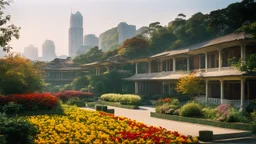 1997. calm beauty, splendour, uplifting, inspiring, gentle, year 1950, Malaysian cityscape, urban, autumn, gardens, flowers, sunlight, rule of thirds, therapeutic, spiritual, chiaroscuro, colour, award-winning colour photograph, Nikon 85mm