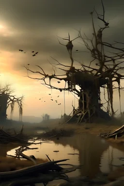 paisaje de una isla, postapocaliptica, con arboles secos, donde habitan arañas gigantes