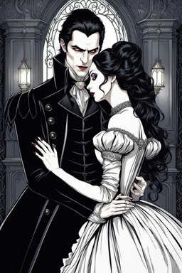 A hauntingly beautiful and detailed illustration of an attractive vampire man in a Victorian-style dark garb, with pale skin, long black hair, snarling, his sharp canines flash want biting the neck of a beauty young woman. the woman faint melancholy smile on his face, his eyes closed.The background is a dimly lit gothic room, with the light of a full moon pouring through a large window, creating a chilling cinematic, horror atmosphere. The intricate details and sharp focus make this a masterpiec